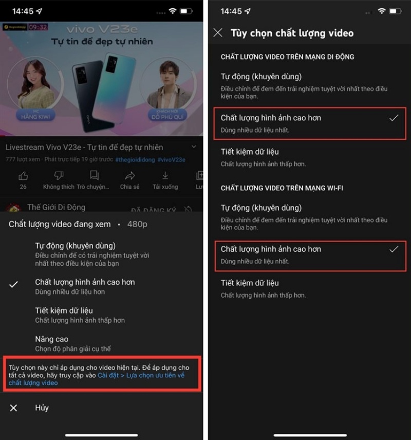 Chọn chất lượng video mặc định