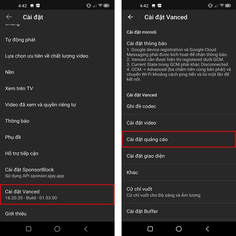 Vanced Settings – Tùy chọn nâng cao